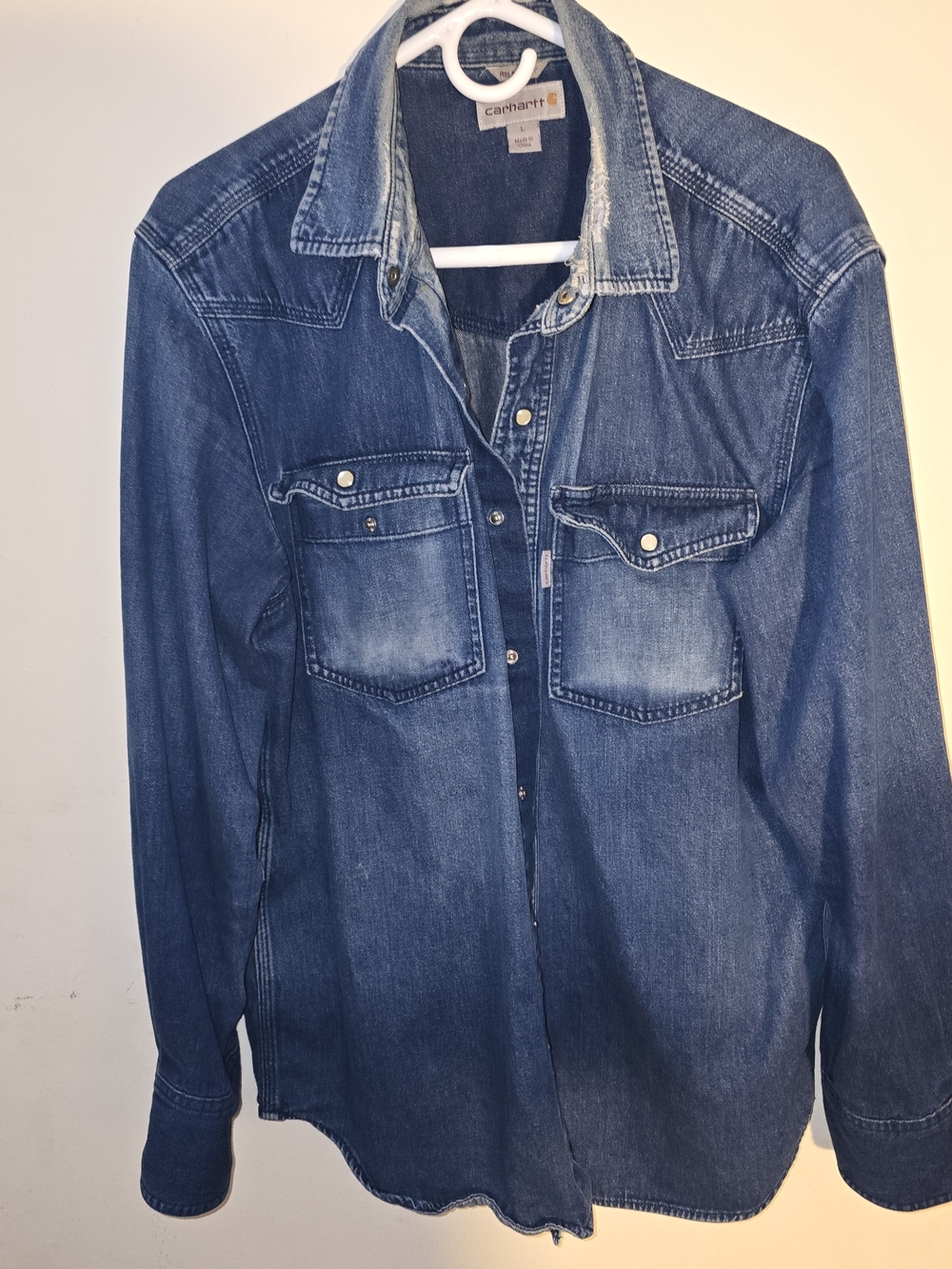 Carhartt Men’s L Blue Denim Jacket Unlined Distressed Workwear Rugged